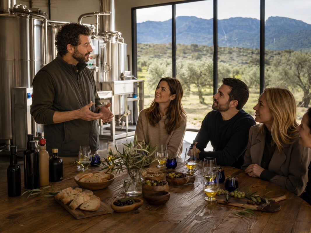 Visitantes participando en una cata de aceite de oliva dentro de una almazara de Mallorca

