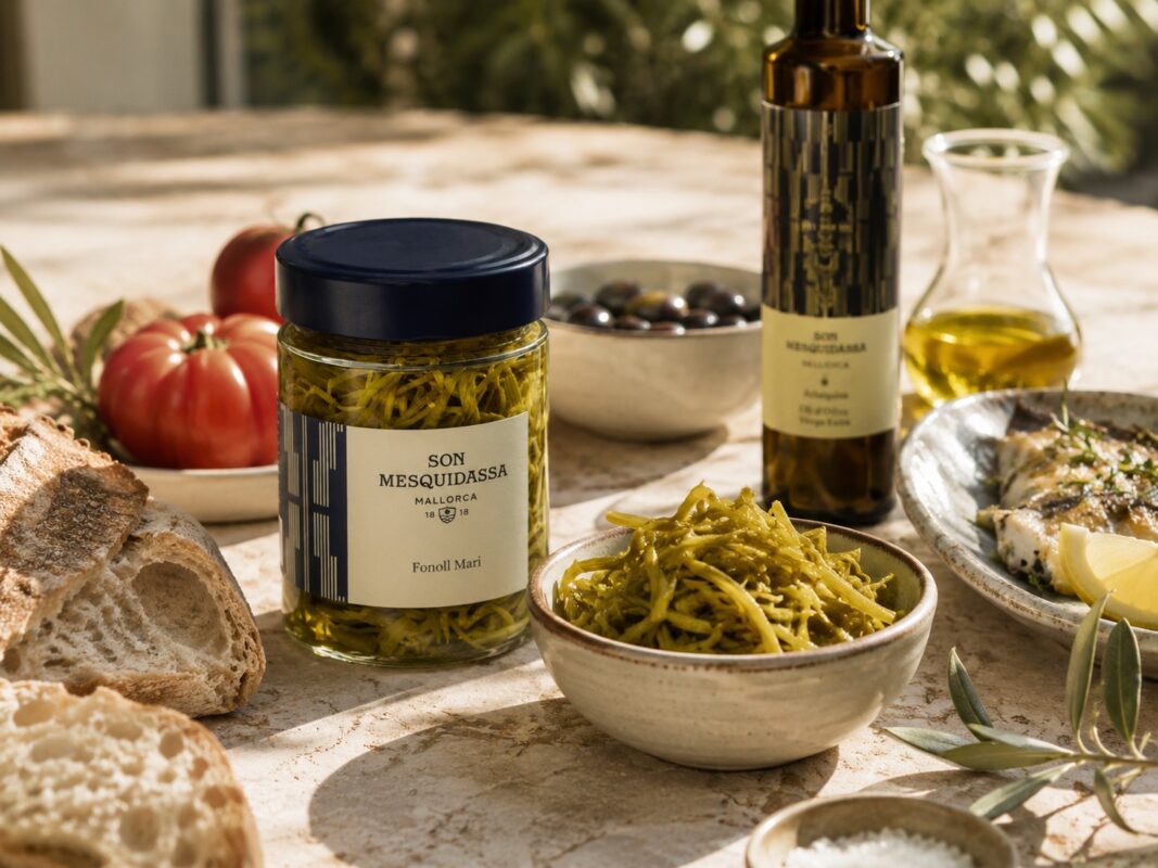 Pickled sea fennel served with bread, tomato, cheese and olive oil on a Mediterranean table