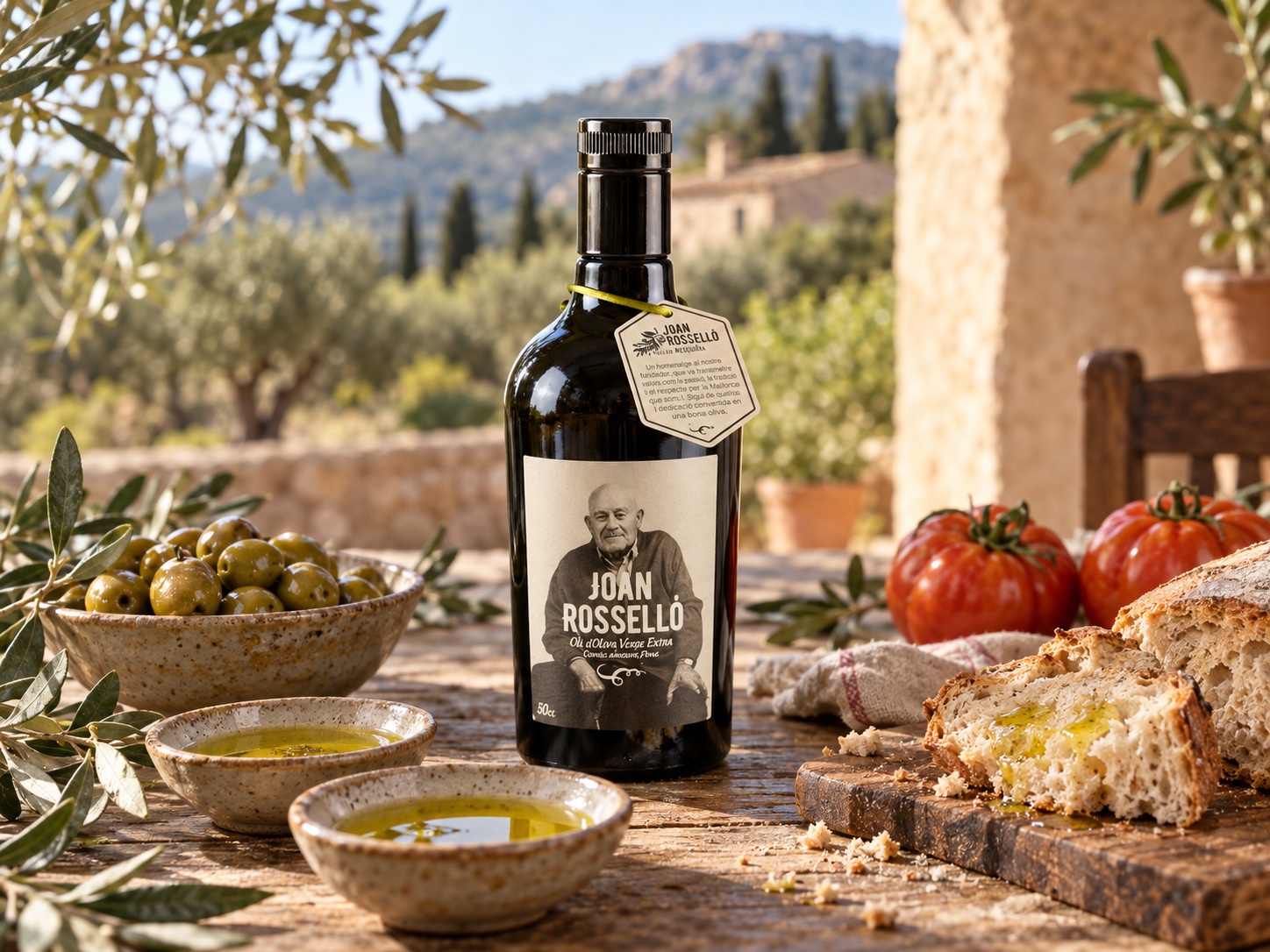 Cata de aceite Arbequina y Picual con botella Joan Rosselló de Son Mesquidassa.